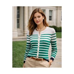 Debbie Morgan Green White Striped Cardigan Gold Buttons Navy Trim Small